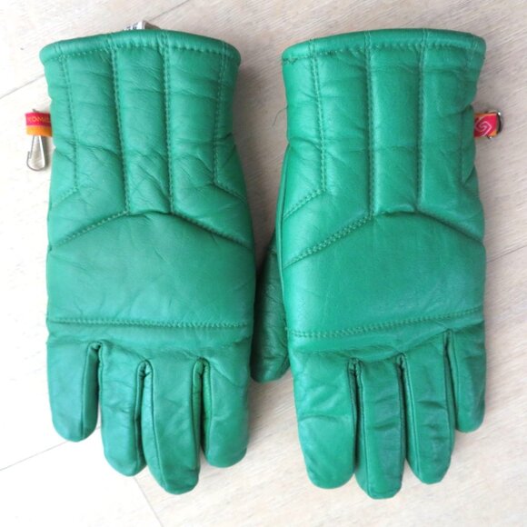 Vintage Kombi Green Leather Gloves Quilted Design Elastic Cuff Nylon Fleece Line - Picture 4 of 6